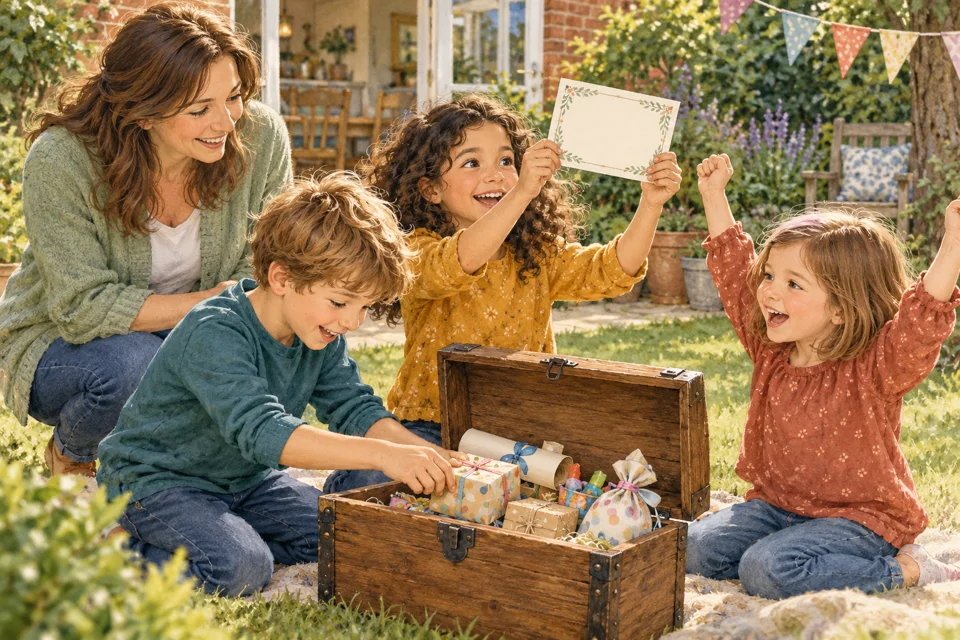 Storybook illustration of children celebrating a treasure box discovery in the garden