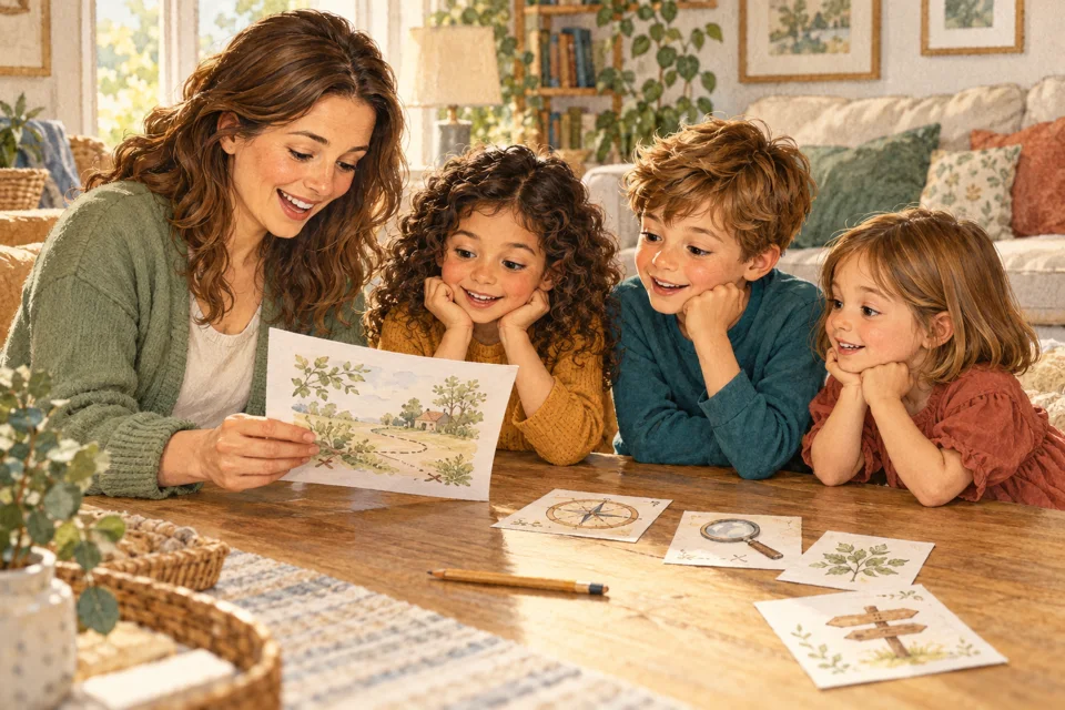 Storybook illustration of a parent reading the opening mission to three children