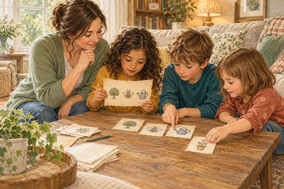 Storybook illustration of children comparing paper clues and solving a puzzle together