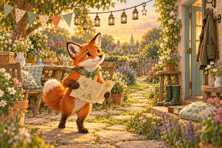 Pip the fox with a map in his garden, from the free Missing Party Star adventure