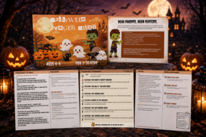 Complete Halloween treasure hunt printable including story, six puzzle stations, invitations, certificates and bonus activities. Easy-to-use PDF for unforgettable Halloween parties with kids aged 4–9.