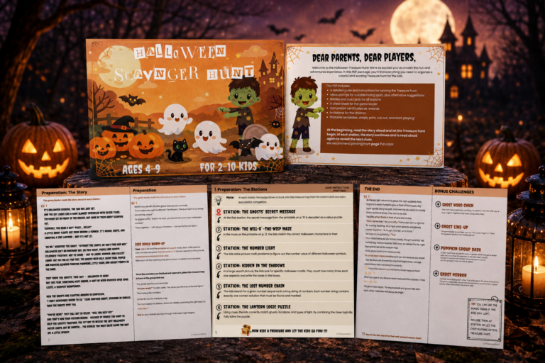 Complete Halloween treasure hunt printable including story, six puzzle stations, invitations, certificates and bonus activities. Easy-to-use PDF for unforgettable Halloween parties with kids aged 4–9.