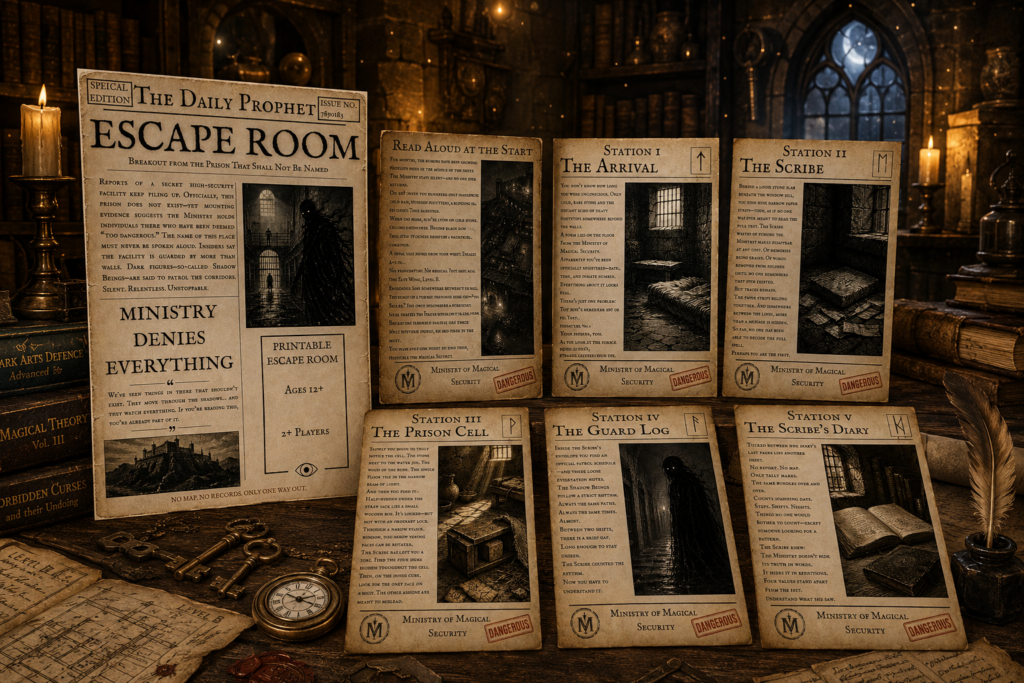 Printable wizard-themed escape room kit featuring newspaper cover, story cards and magical prison puzzles displayed in a vintage wizard library. Instant digital download for teens, adults and family game nights.