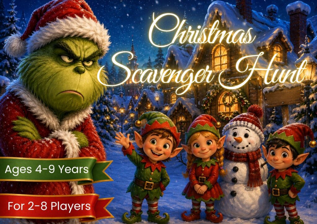Christmas scavenger hunt for children aged 4–9 featuring festive elves, a grumpy green Christmas character and a snowman in a snowy Christmas village, designed for 2–8 players.