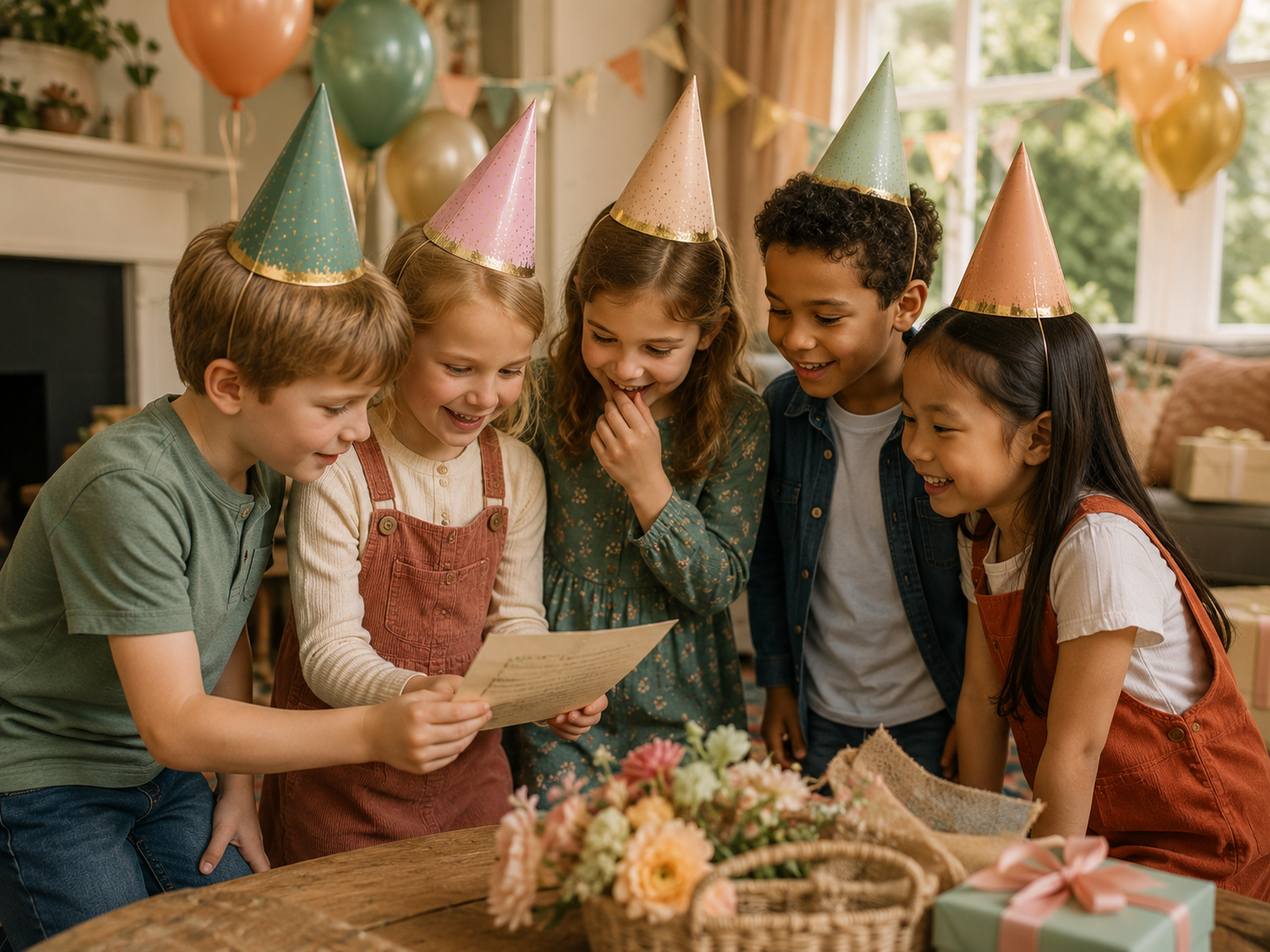Children following clues at a birthday party treasure hunt