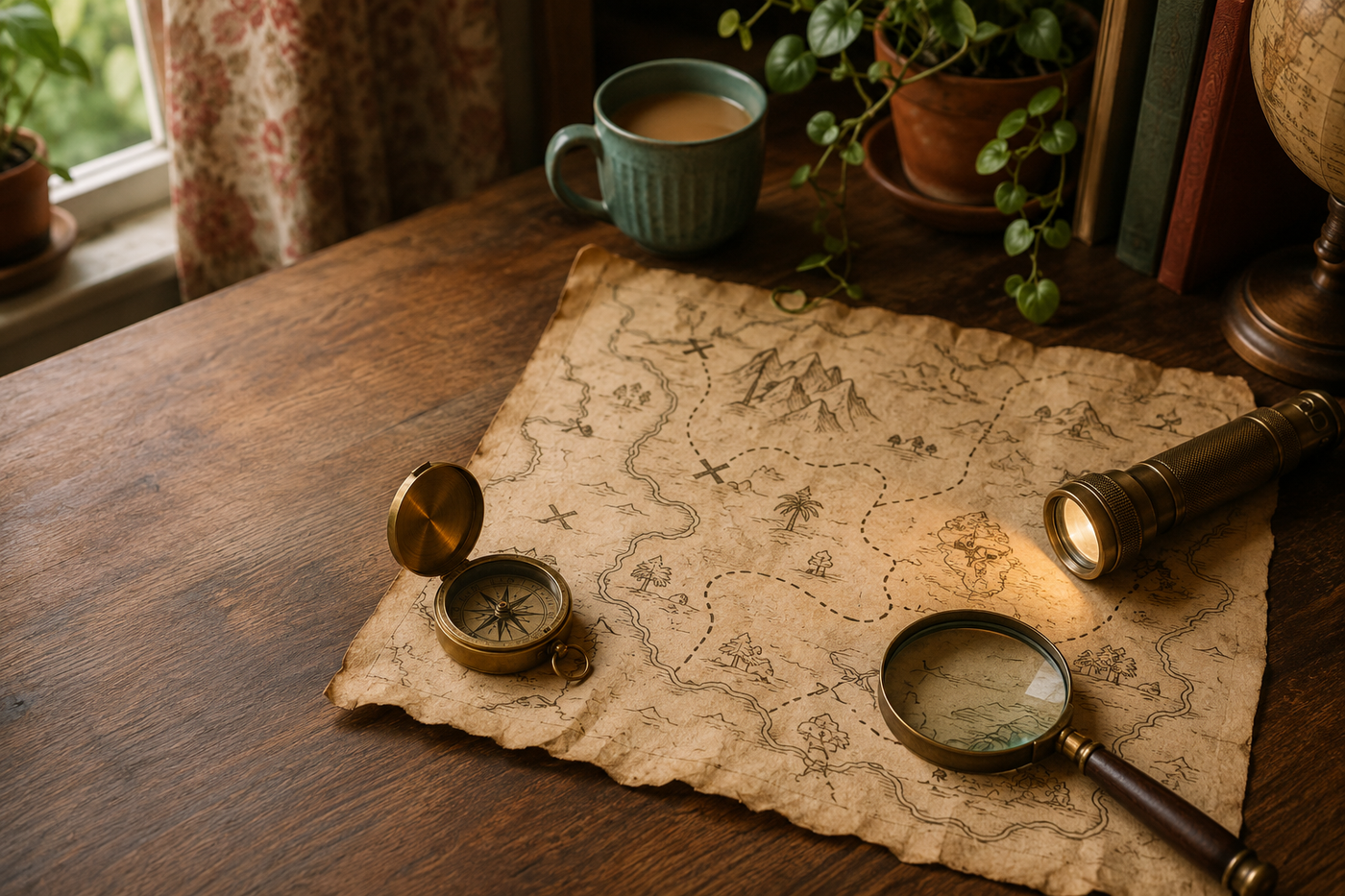 A detective-style map and compass set-up for a ten-year-old's hunt