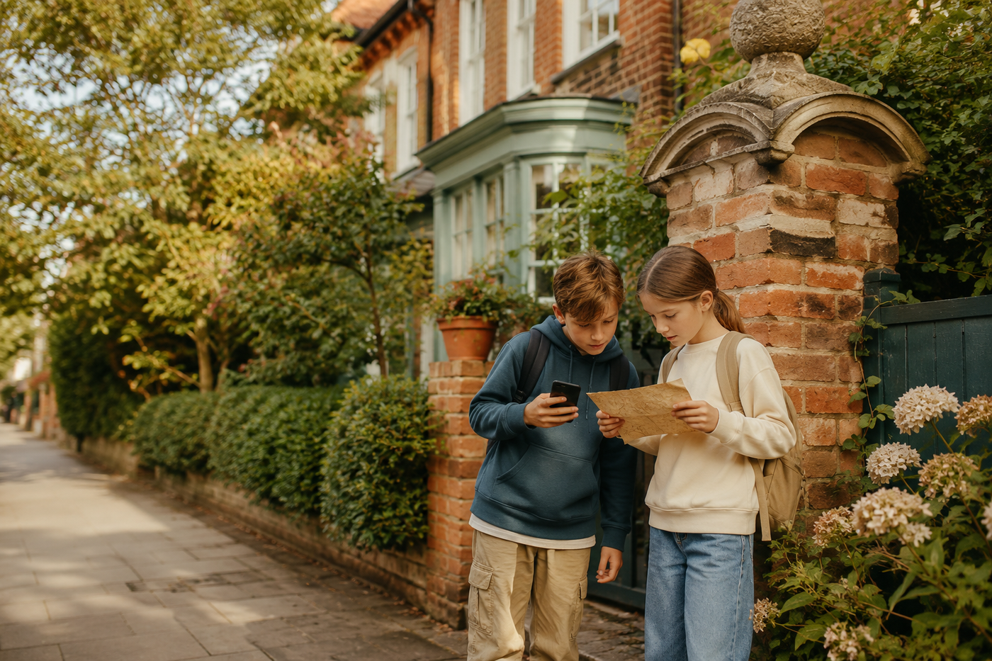 Ten-year-olds on a neighbourhood treasure hunt using a phone clue