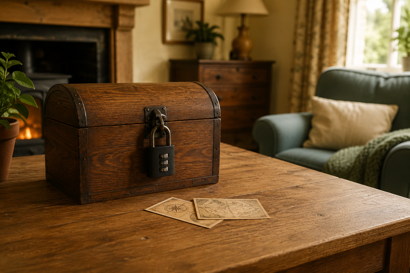 A combination-locked treasure box for a ten-year-old's hunt
