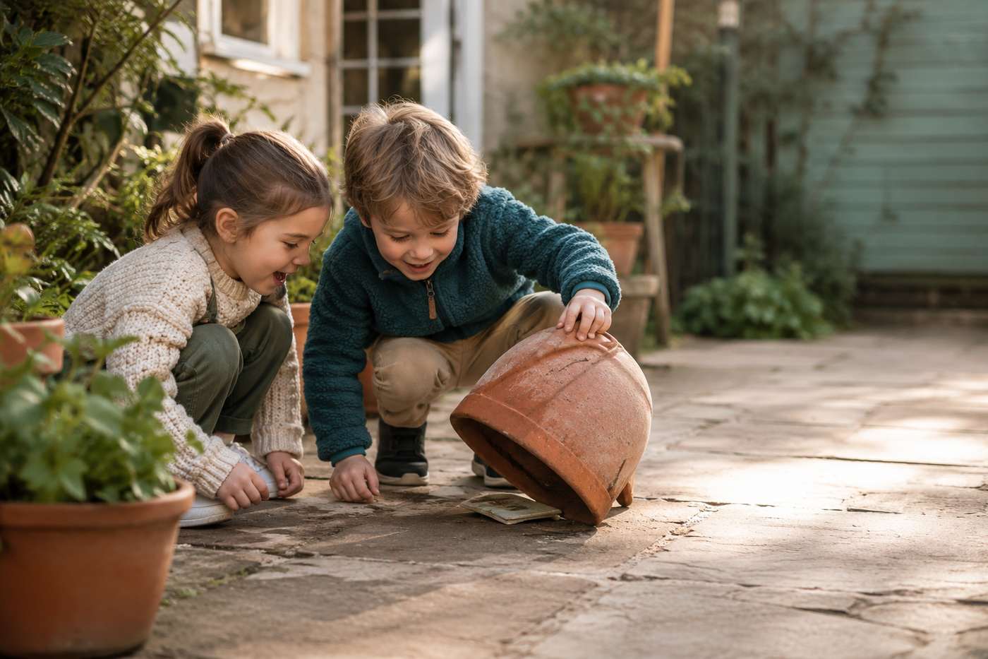 Six-year-olds searching the garden on a treasure hunt