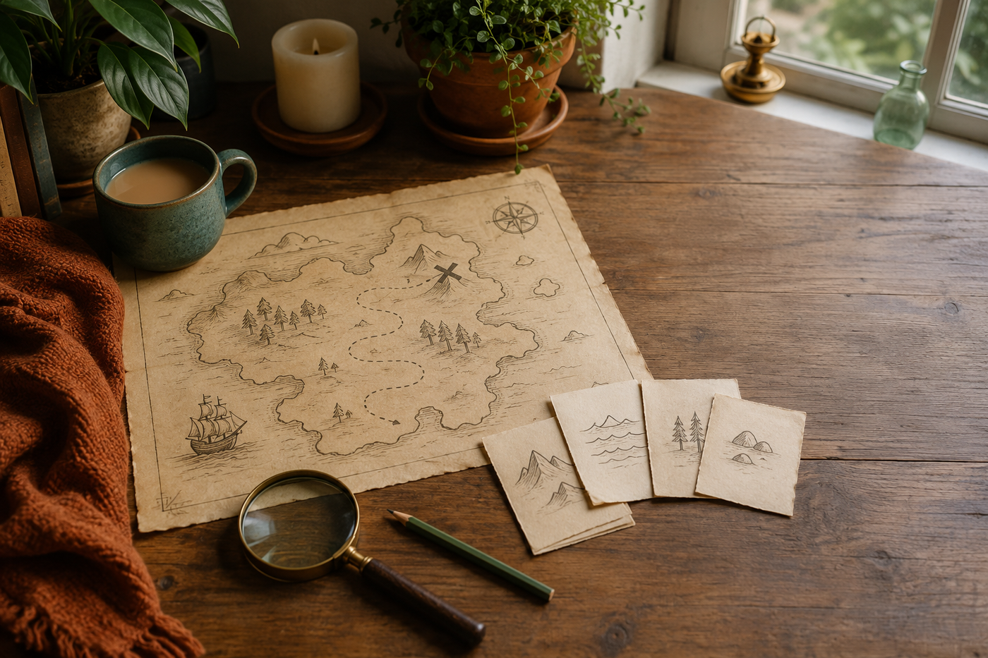 A treasure map and magnifying glass for a six-year-old's hunt