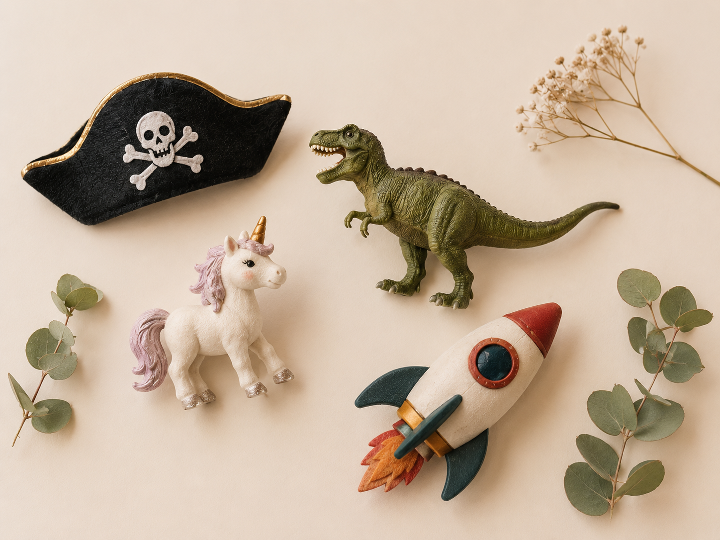 Props representing different children's treasure hunt themes
